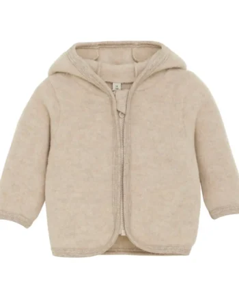 Sød uldfleece cardigan med bamseører - Camel Melange