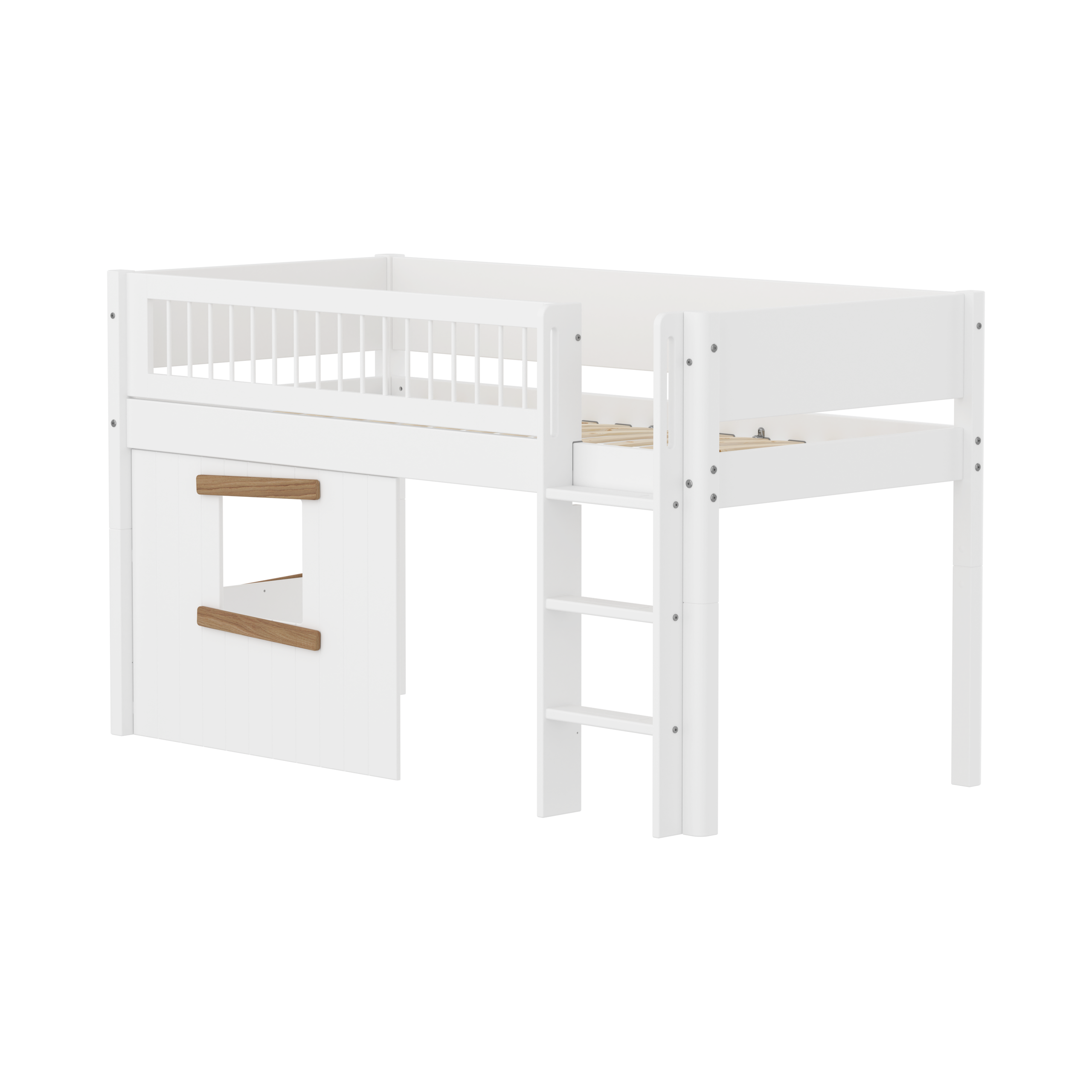 Flexa White Halvhøj Seng 120 Cm Med Stige Crossbar Sengehest Og Træhytte-sengefronter 90x200 Cm Hvid Eg