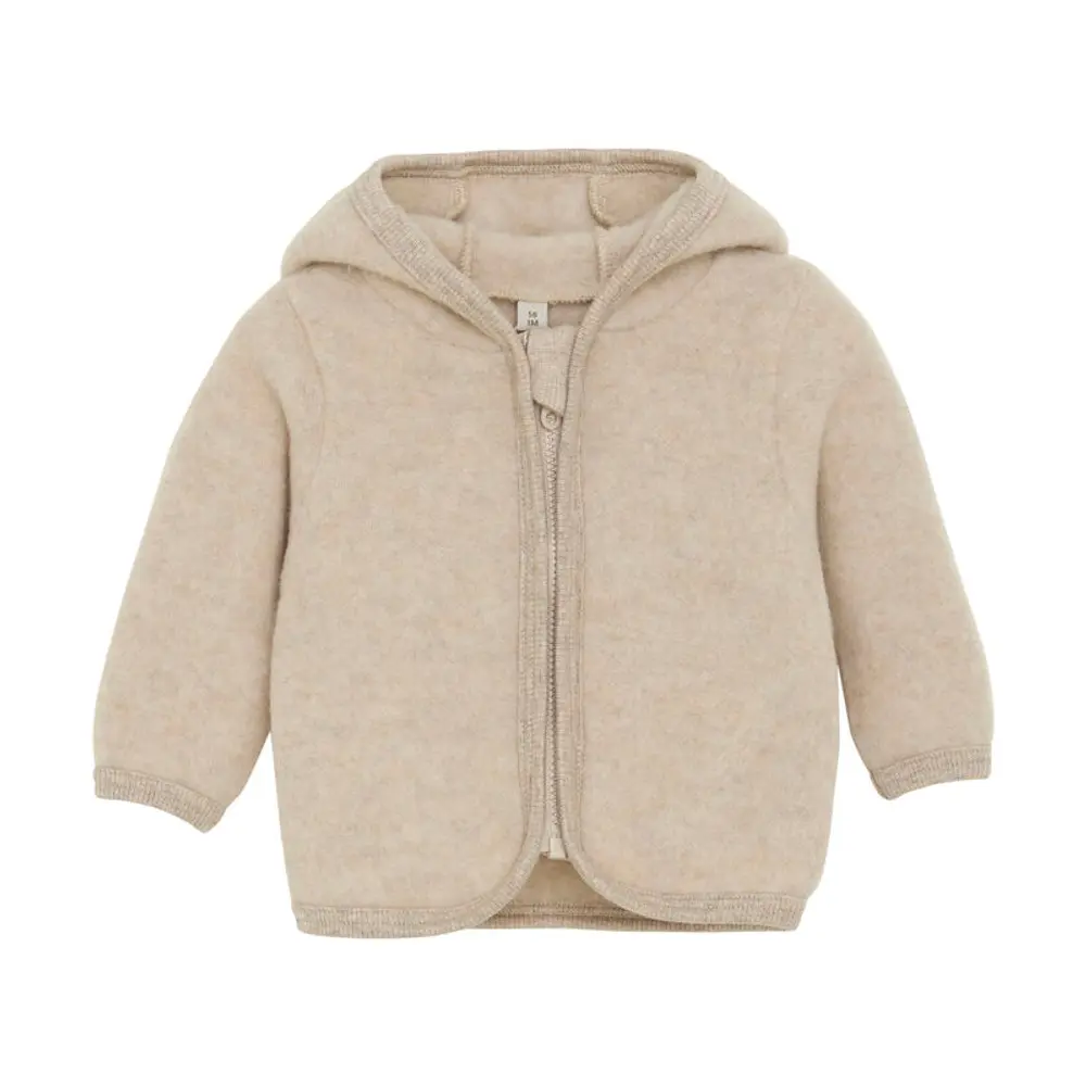 Sød uldfleece cardigan med bamseører - Camel Melange
