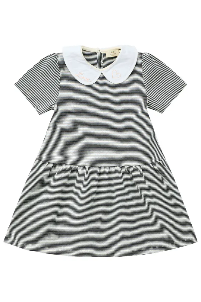 Stribet Kjole med Poplin Krave - Navy - Stilfuld Design